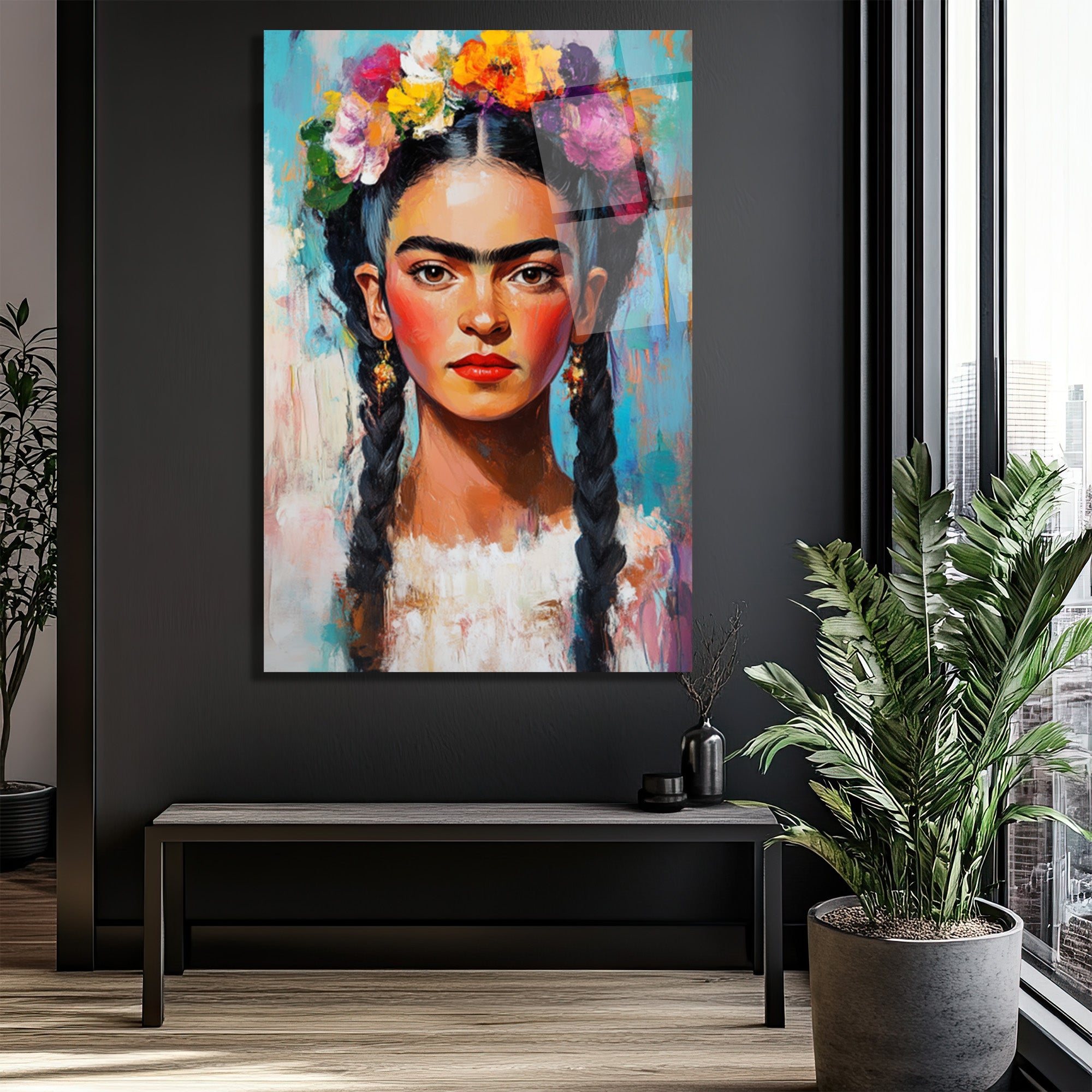 Frida Kahlo Çiçekli Taç Portresi Cam Tablo