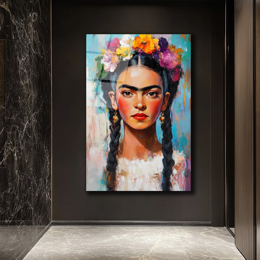 Frida Kahlo Çiçekli Taç Portresi Cam Tablo