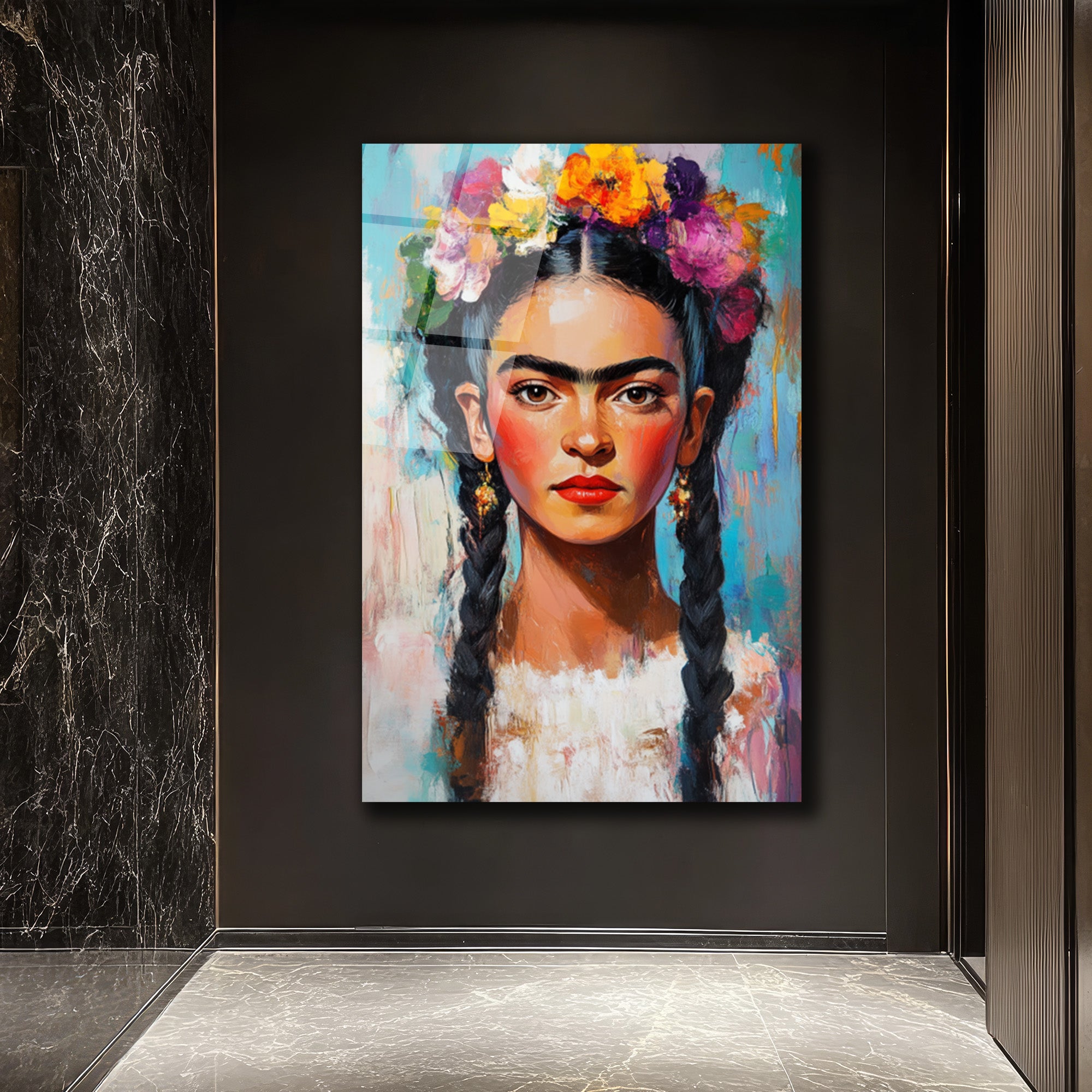 Frida Kahlo Çiçekli Taç Portresi Cam Tablo