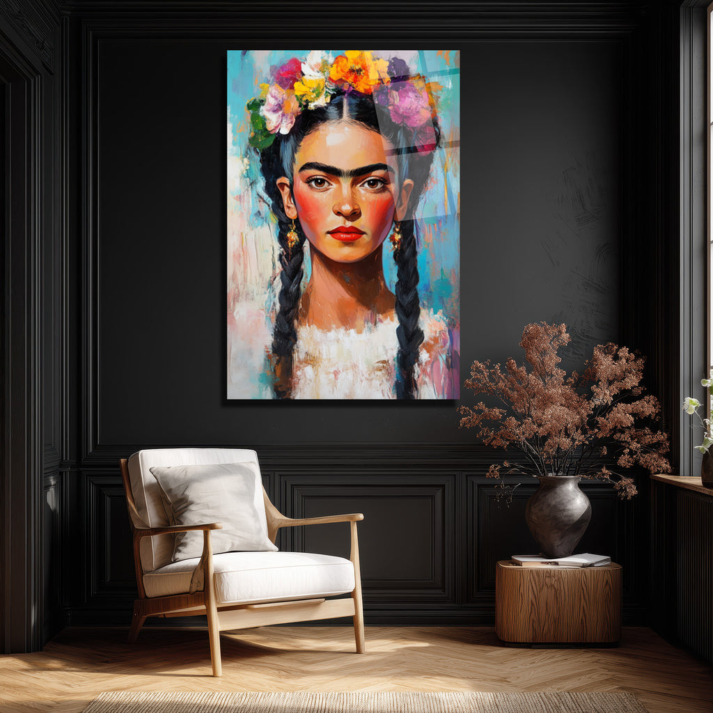 Frida Kahlo Çiçekli Taç Portresi Cam Tablo