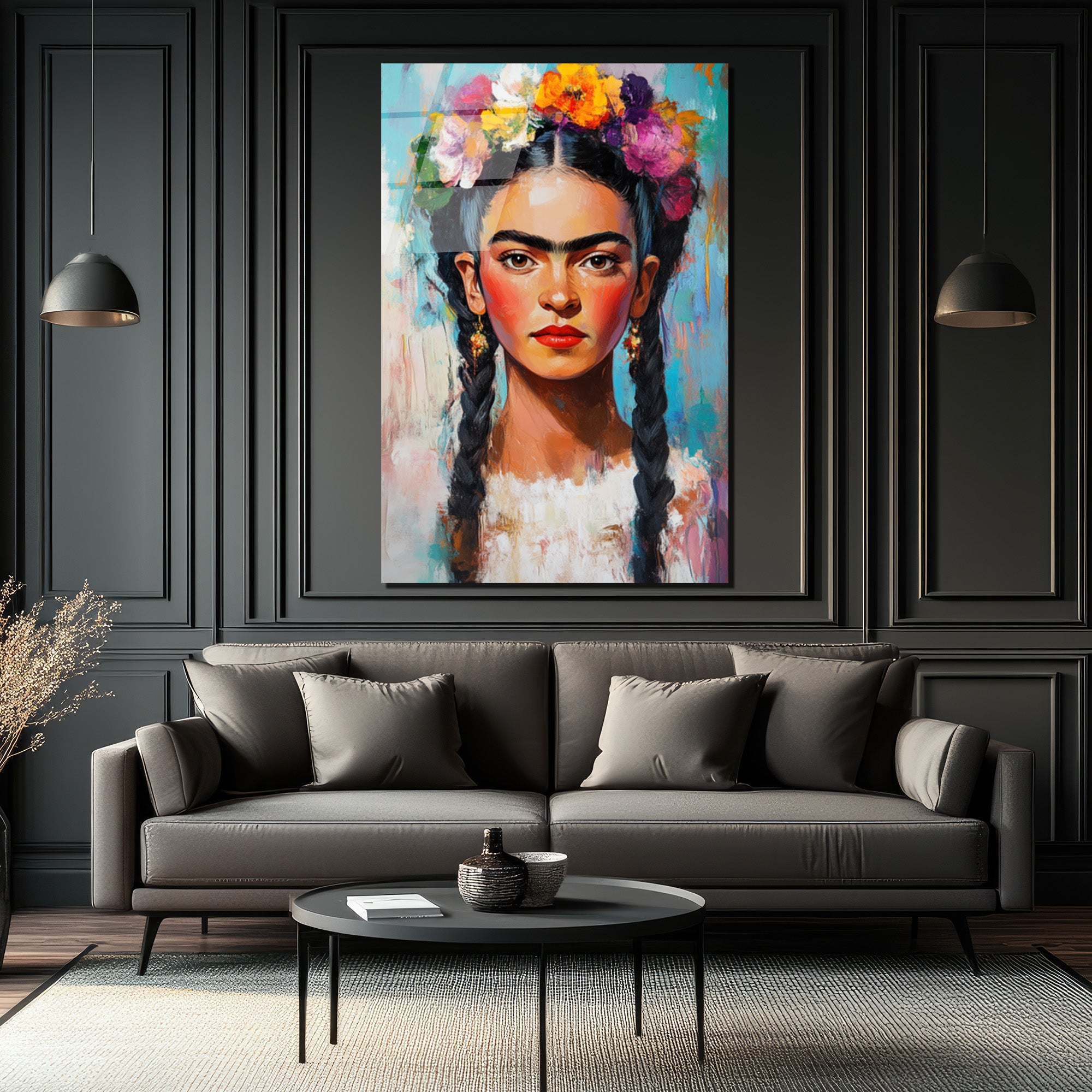 Frida Kahlo Çiçekli Taç Portresi Cam Tablo