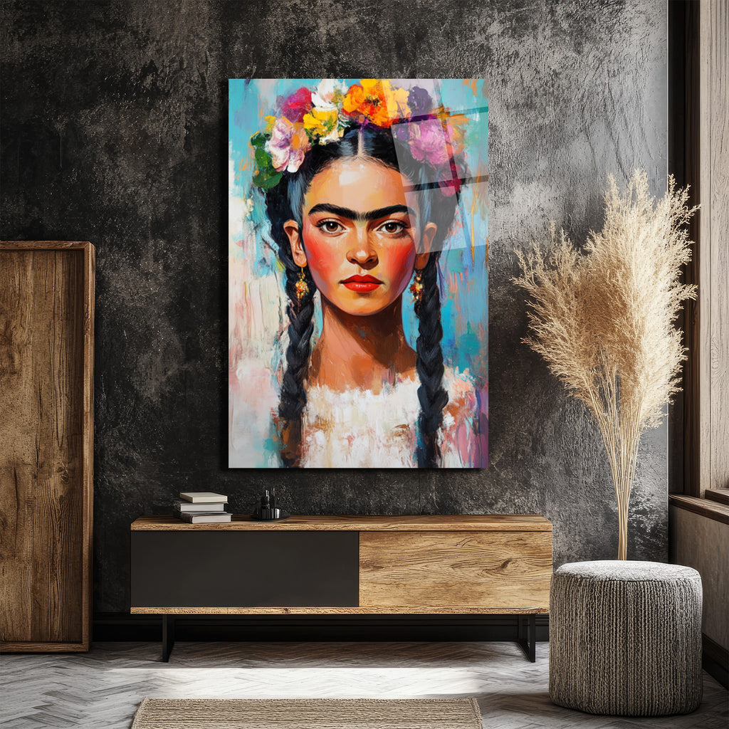 Frida Kahlo Çiçekli Taç Portresi Cam Tablo