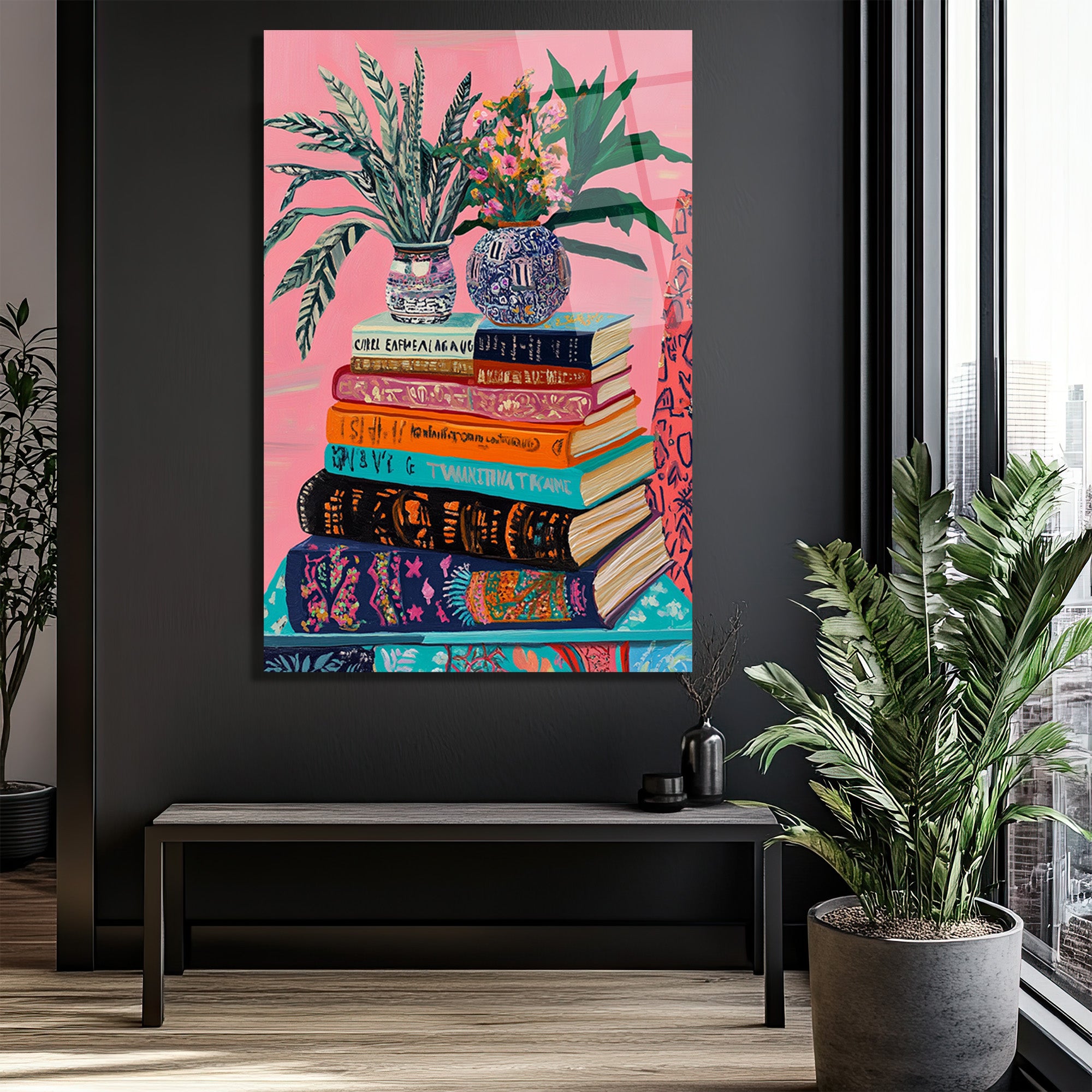 Canlı Renklerle Kitap Kulesi Cam Tablo