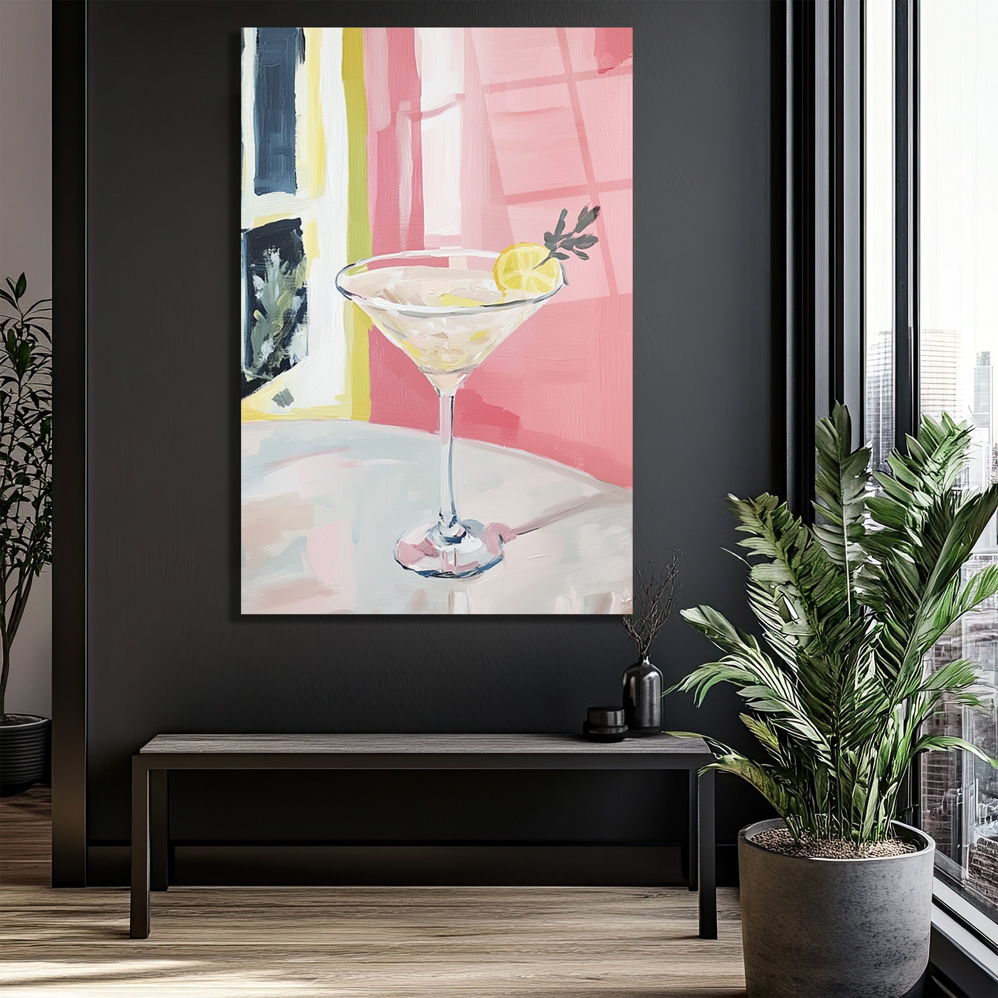 Modern Martini Sanatı Cam Tablo - Pembe ve Limon Ferahlığı