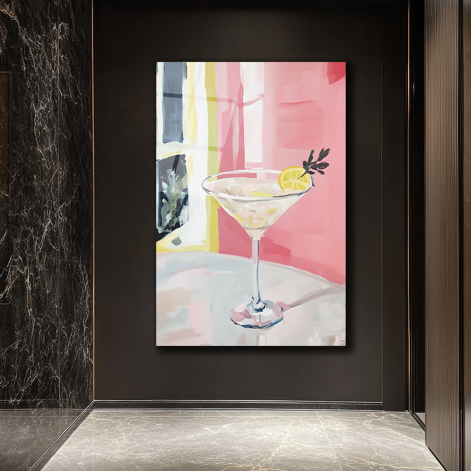 Modern Martini Sanatı Cam Tablo - Pembe ve Limon Ferahlığı