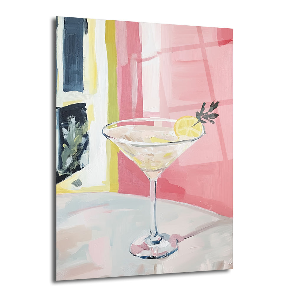 Pembe, sarı ve lacivert tonlarında soyut dikey çizgili bir arka plan önünde, içinde limon dilimi ve yeşil garnitür bulunan şeffaf bir martini bardağı resmedilmiş modern sanat eseri.