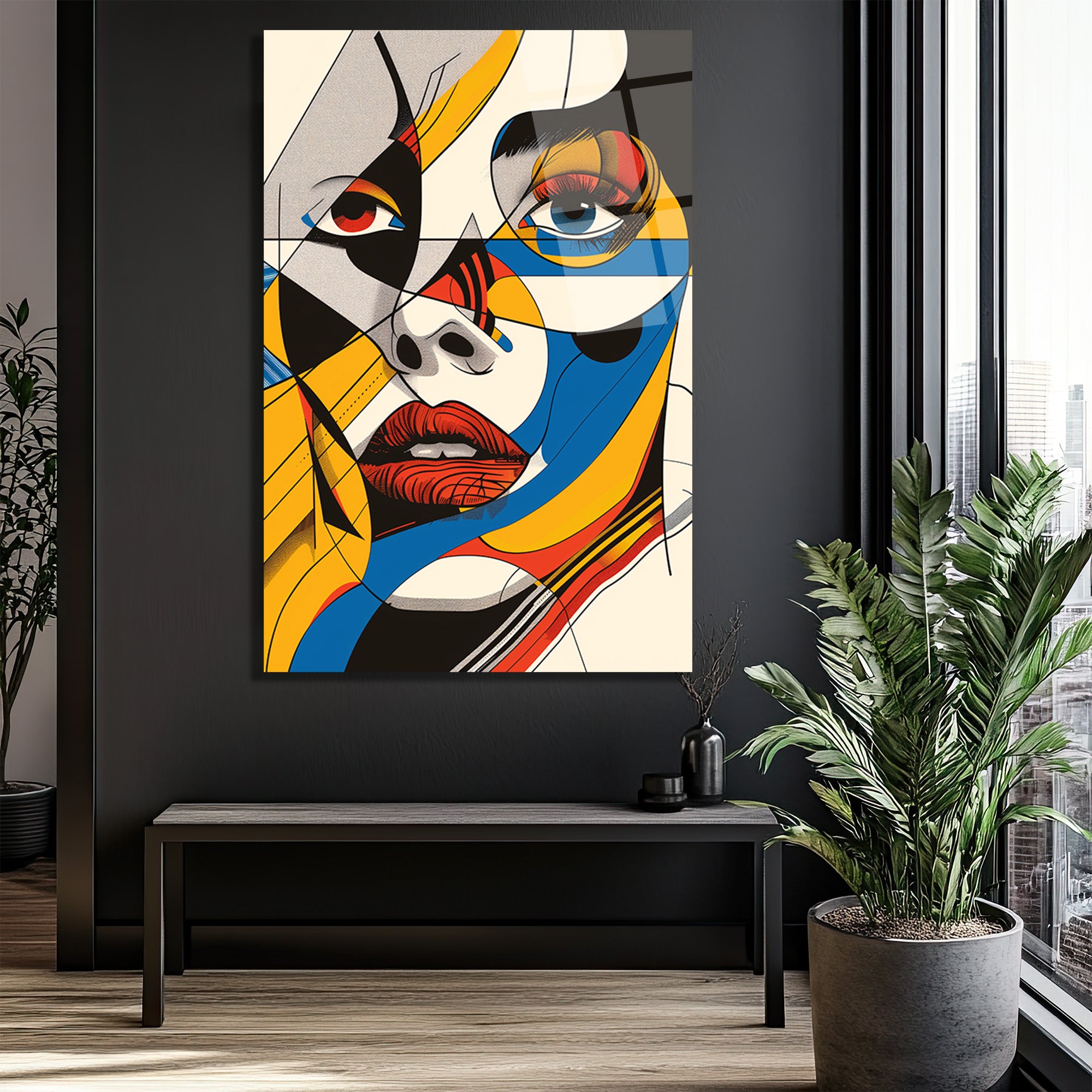 Dinamik Renklerle Pop Art Kadın Portre Cam Tablo