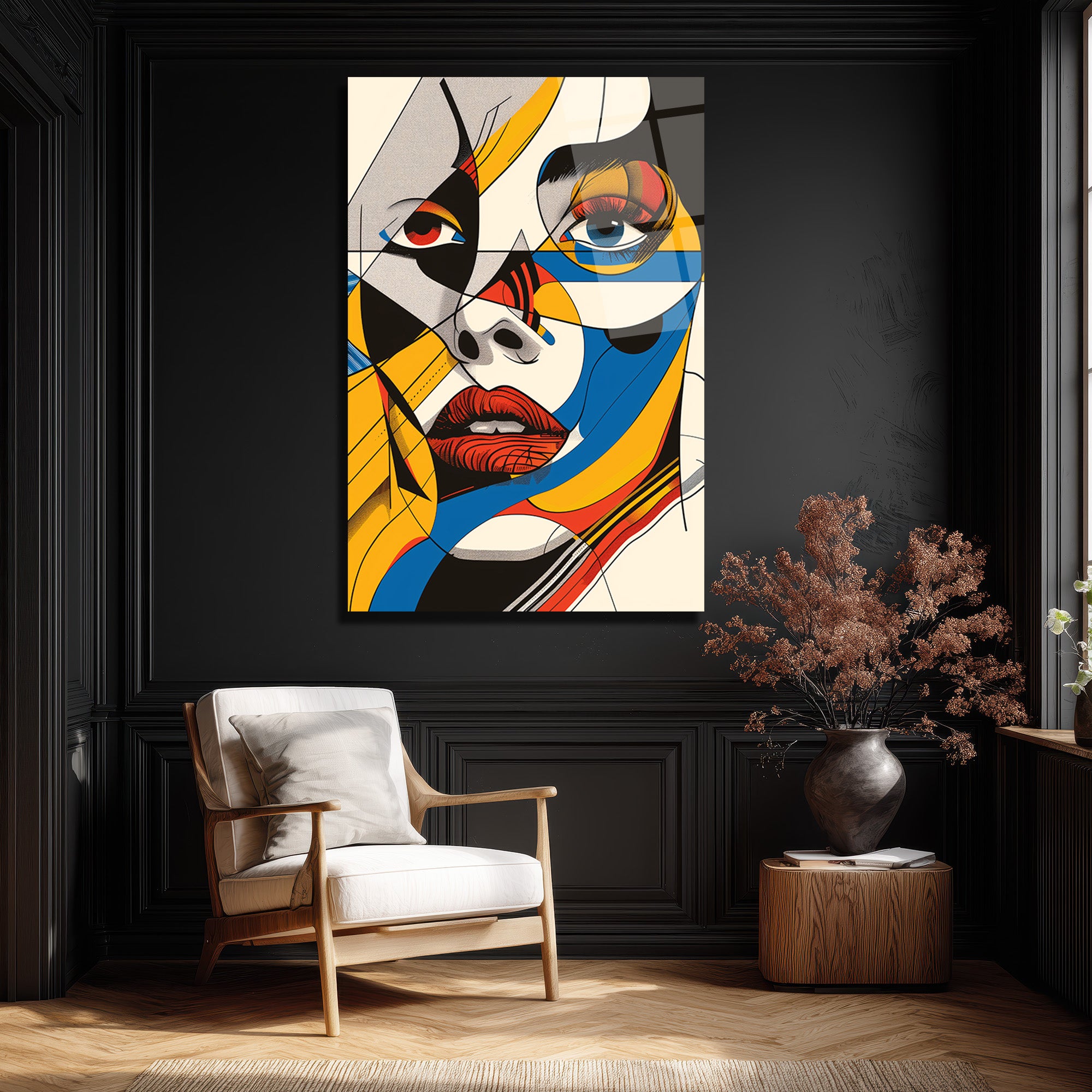 Dinamik Renklerle Pop Art Kadın Portre Cam Tablo