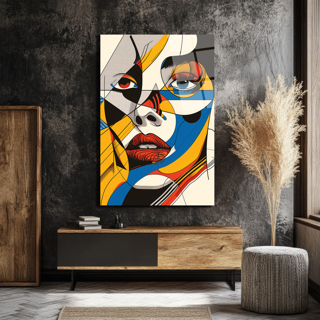 Dinamik Renklerle Pop Art Kadın Portre Cam Tablo