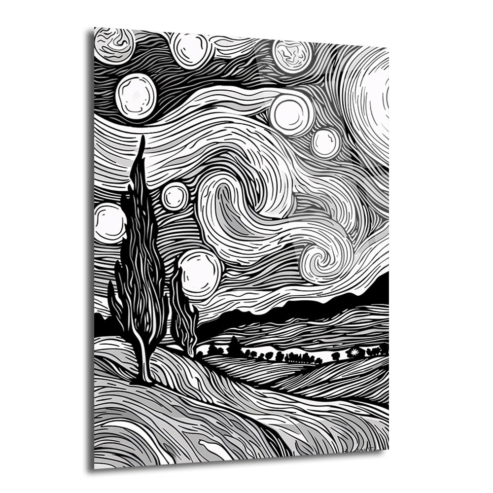 Siyah beyaz, Van Gogh'un Yıldızlı Gece tablosundan ilham alan, kıvrımlı gökyüzü, parlak yıldızlar ve selvi ağaçlarını gösteren grafik tarzı bir cam tablo.