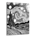 Siyah beyaz, Van Gogh'un Yıldızlı Gece tablosundan ilham alan, kıvrımlı gökyüzü, parlak yıldızlar ve selvi ağaçlarını gösteren grafik tarzı bir cam tablo.