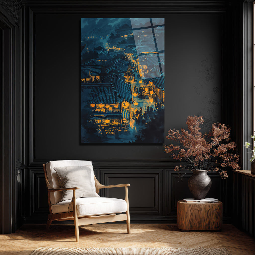 Uzak Doğu Gece Pazarı Işıltısı Cam Tablo