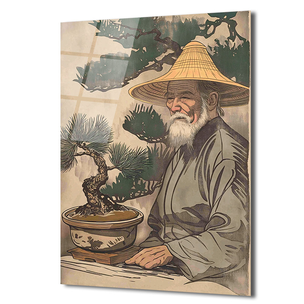 Bonsai Ustası ve Bilgelik Cam Tablo