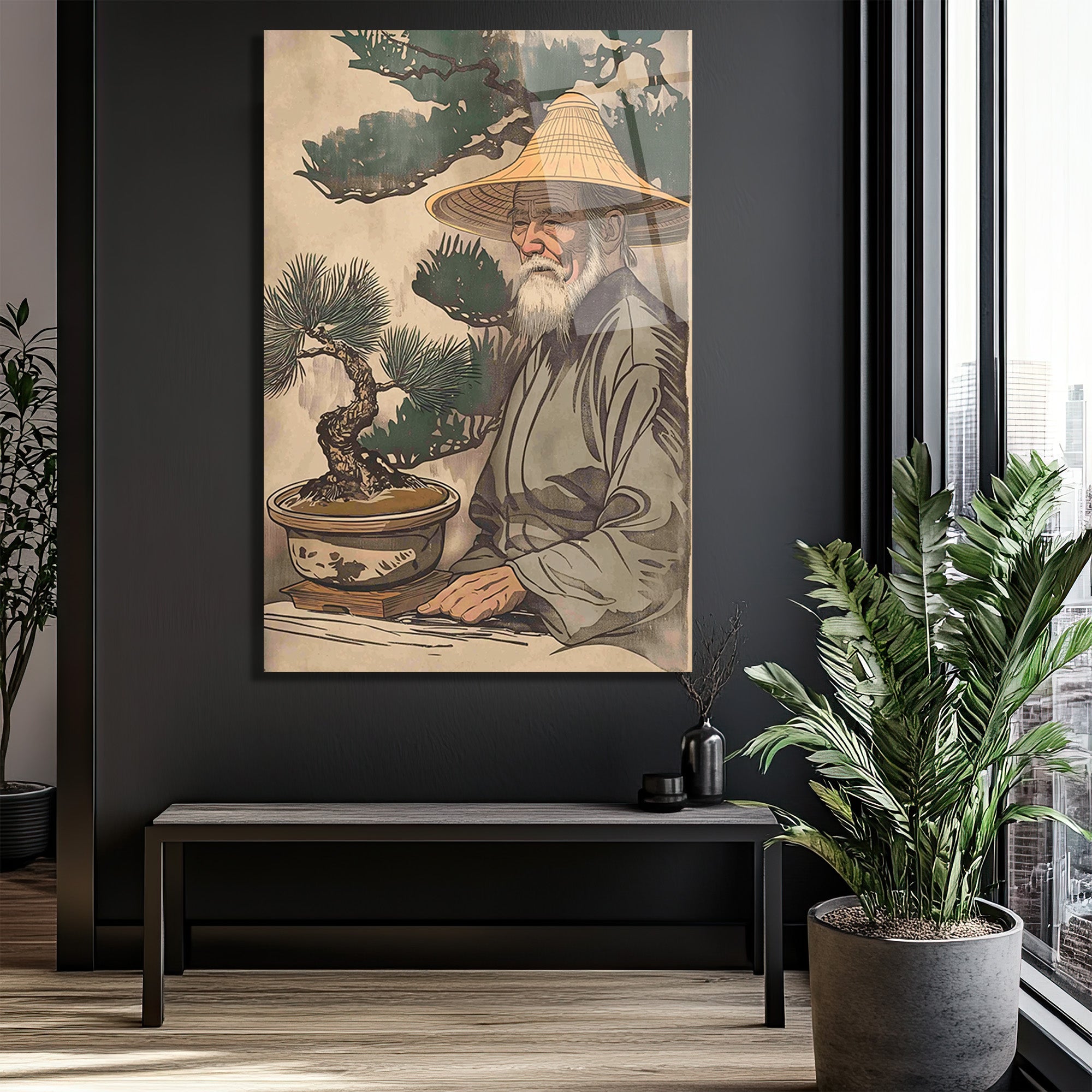 Bonsai Ustası ve Bilgelik Cam Tablo