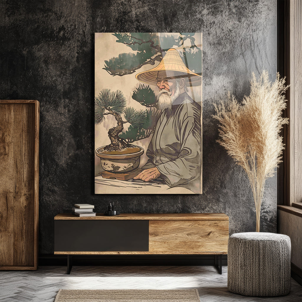 Bonsai Ustası ve Bilgelik Cam Tablo