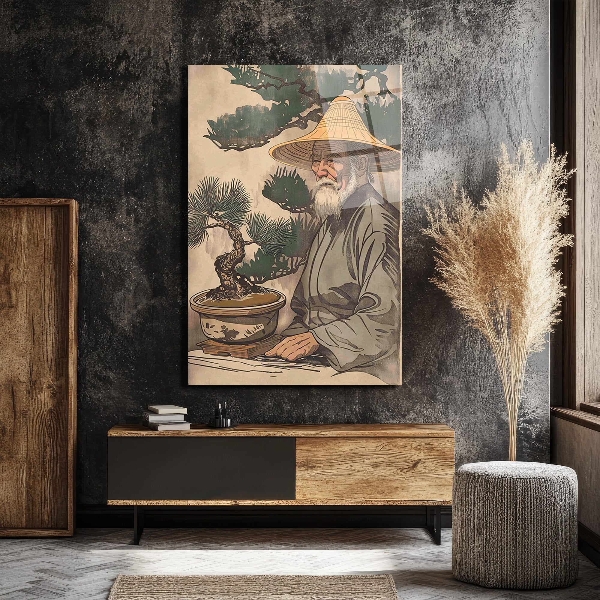 Bonsai Ustası ve Bilgelik Cam Tablo
