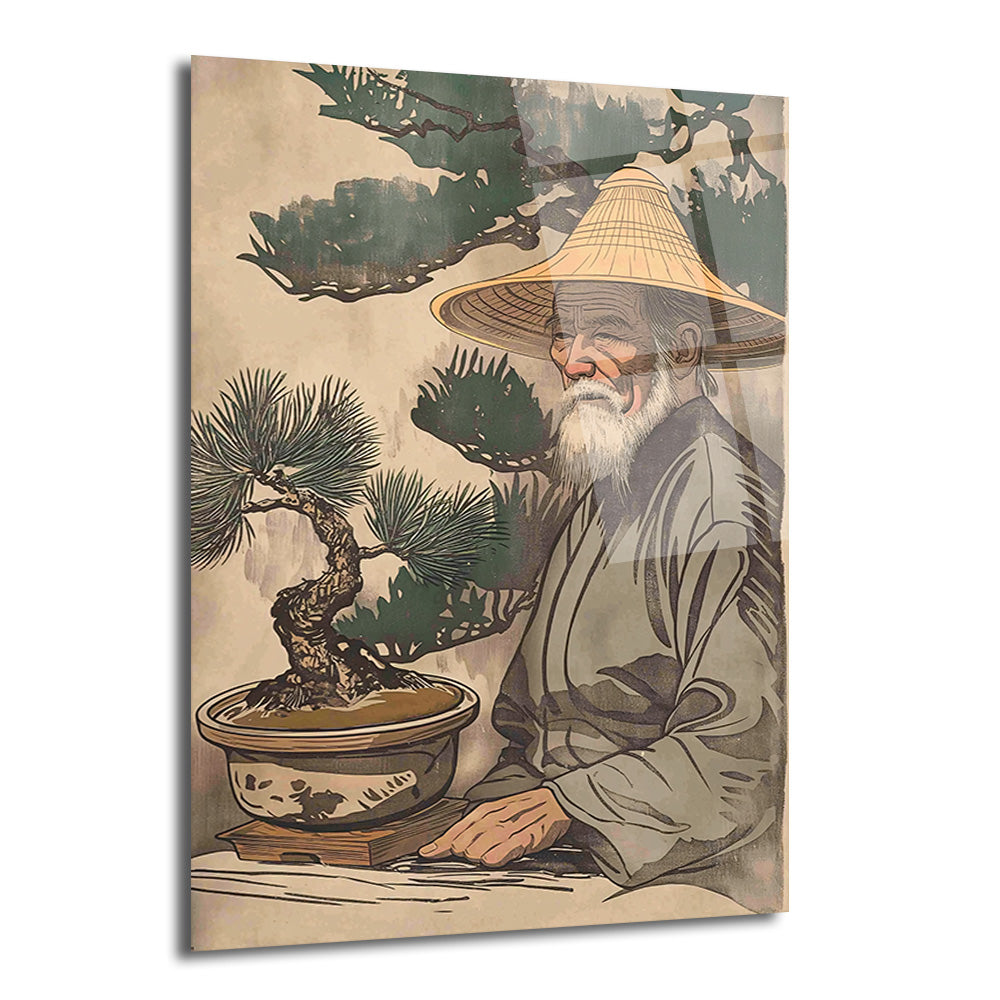 Geleneksel hasır şapkalı ve uzun beyaz sakallı bilge bir adamın, özenle budanmış bir bonsai ağacının yanında oturduğu, huzurlu ve eski Japon illüstrasyon tarzında bir cam tablo.