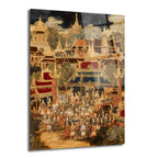 Altın rengi tapınaklar ve geleneksel kıyafetli kalabalık insan figürleri içeren, zengin detaylı tarihi Asya sanatı eseri cam tablo.