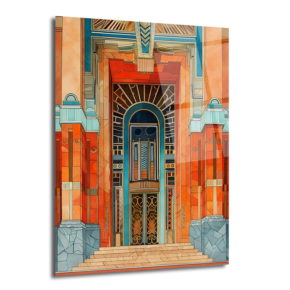 Art Deco tarzında, turuncu, mavi ve altın renklerin hakim olduğu, süslü bir bina girişini gösteren cam tablo. Geometrik desenler ve detaylı kapı motifleri ön planda.