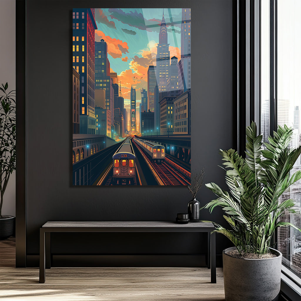 New York Şehir Manzarası Cam Tablo - Metro ve Gün Batımı Rüyası