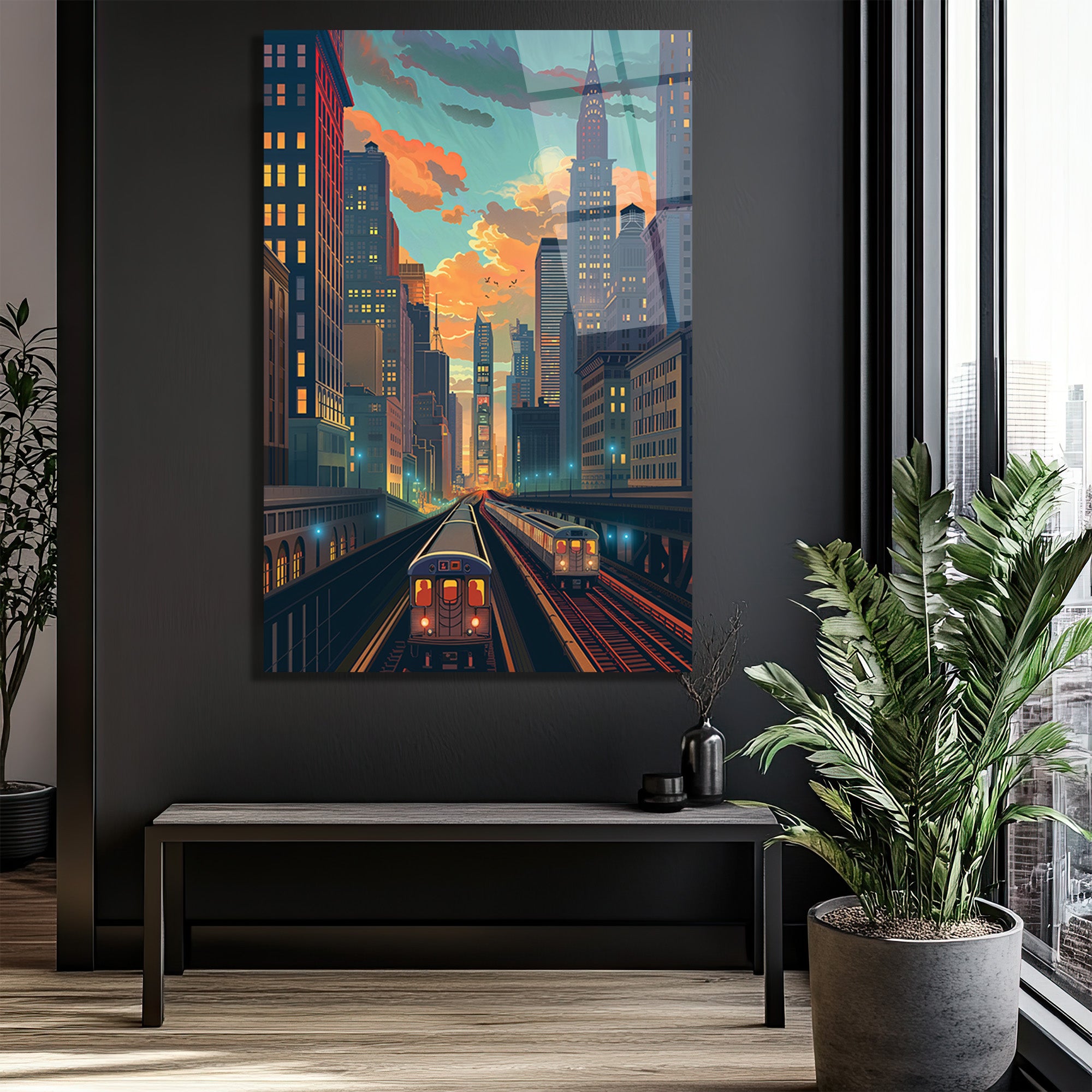 New York Şehir Manzarası Cam Tablo - Metro ve Gün Batımı Rüyası