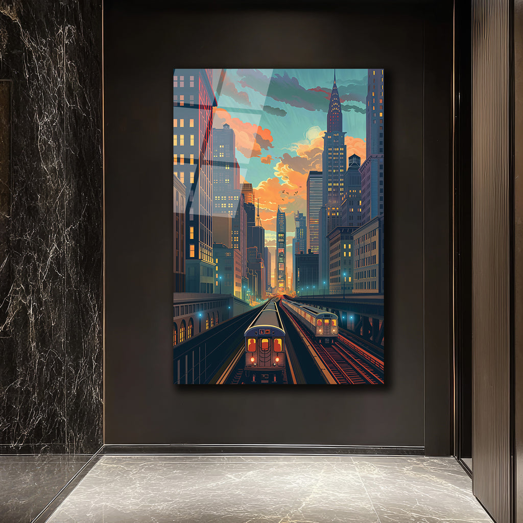 New York Şehir Manzarası Cam Tablo - Metro ve Gün Batımı Rüyası