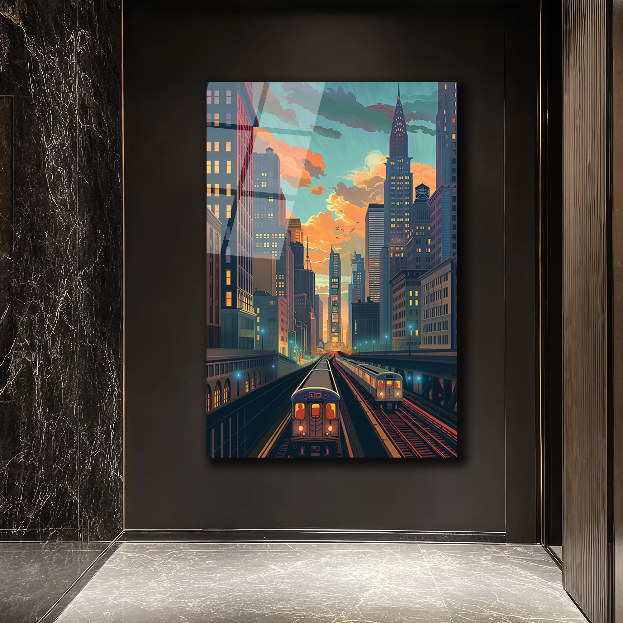 New York Şehir Manzarası Cam Tablo - Metro ve Gün Batımı Rüyası