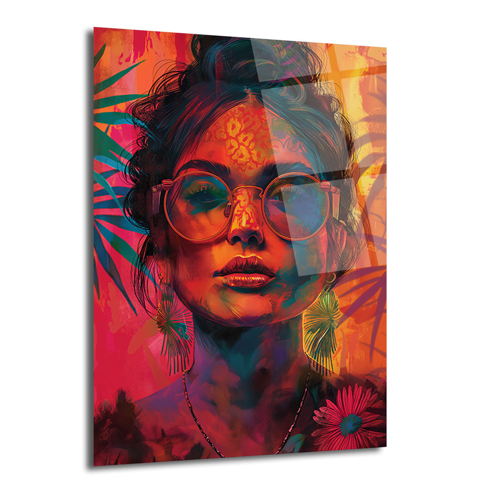 Neon renklerde, gözlüklü, modern tarzda resmedilmiş bir kadının yakın plan portresi. Arka planda tropikal yaprak desenleri ve çiçekler bulunuyor. Yüzünde altın rengi batik desenler ve kulağında püsküllü küpeler var. Kırmızı, turuncu, mavi ve yeşil tonları hakim.