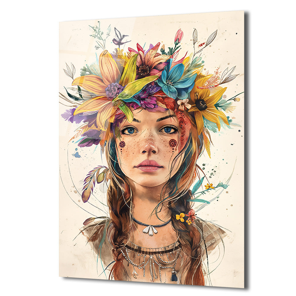 Çiçek Taçlı Boho Ruhlu Kadın Portresi Cam Tablo