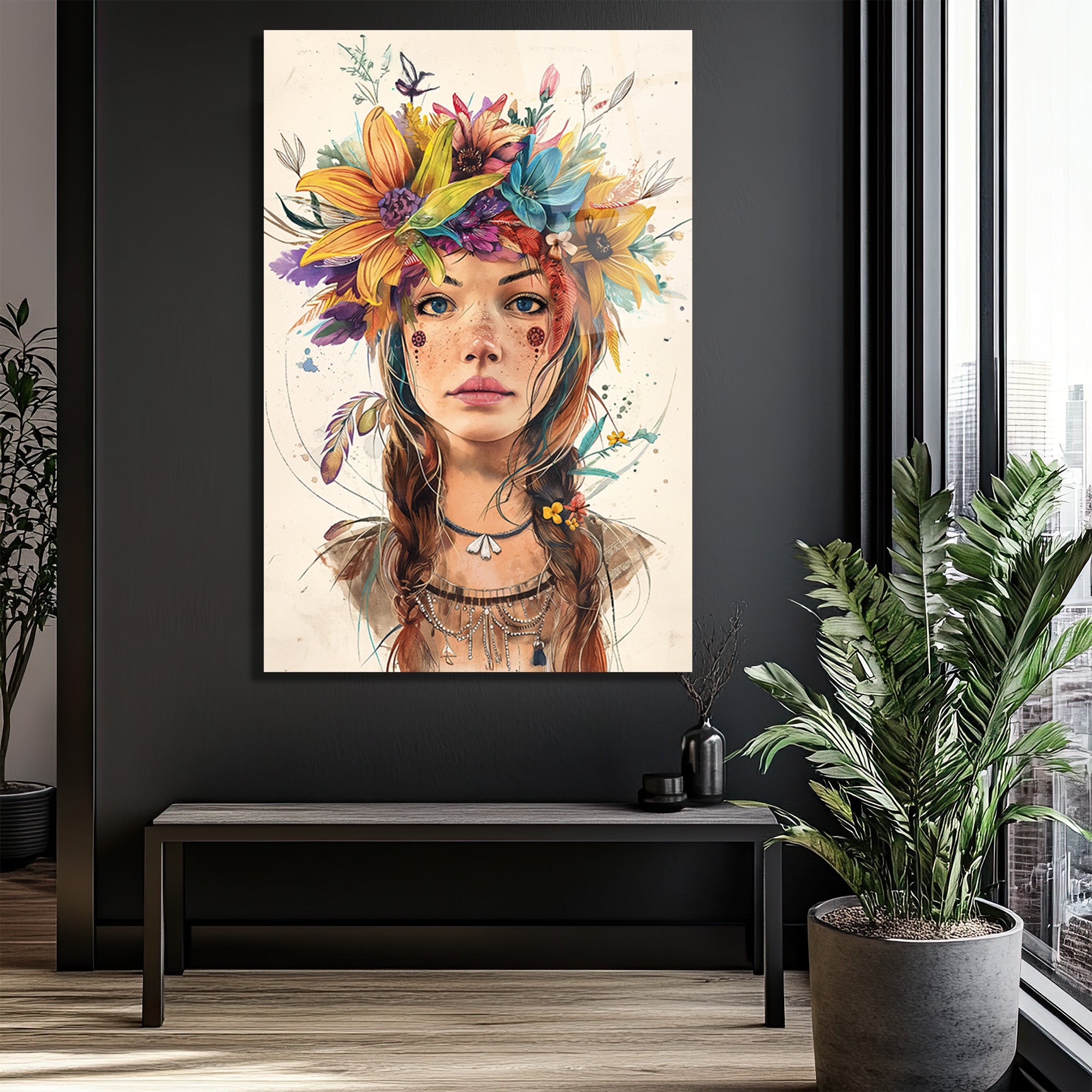 Çiçek Taçlı Boho Ruhlu Kadın Portresi Cam Tablo