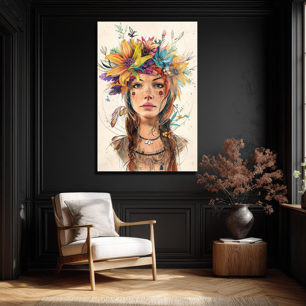 Çiçek Taçlı Boho Ruhlu Kadın Portresi Cam Tablo