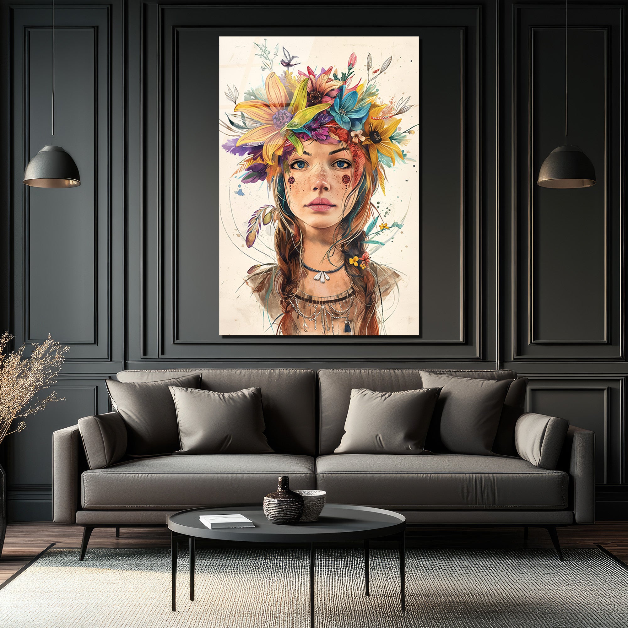 Çiçek Taçlı Boho Ruhlu Kadın Portresi Cam Tablo