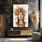 Çiçek Taçlı Boho Ruhlu Kadın Portresi Cam Tablo