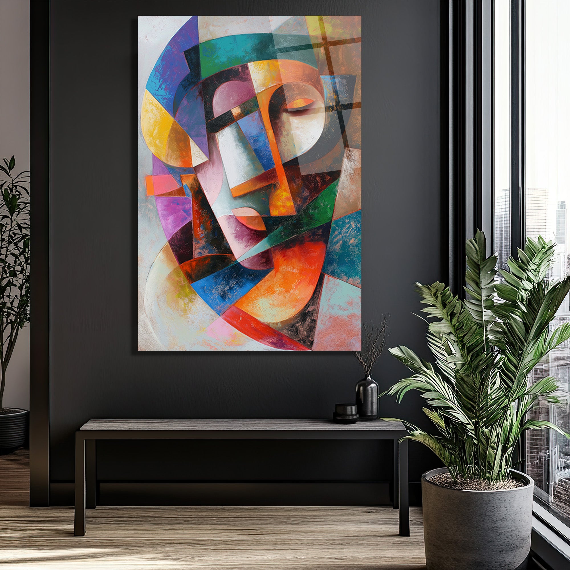 Dinamik Kübist Yüz Soyut Sanat Cam Tablo - Modern Duvar Dekoru