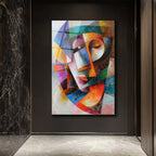 Dinamik Kübist Yüz Soyut Sanat Cam Tablo - Modern Duvar Dekoru
