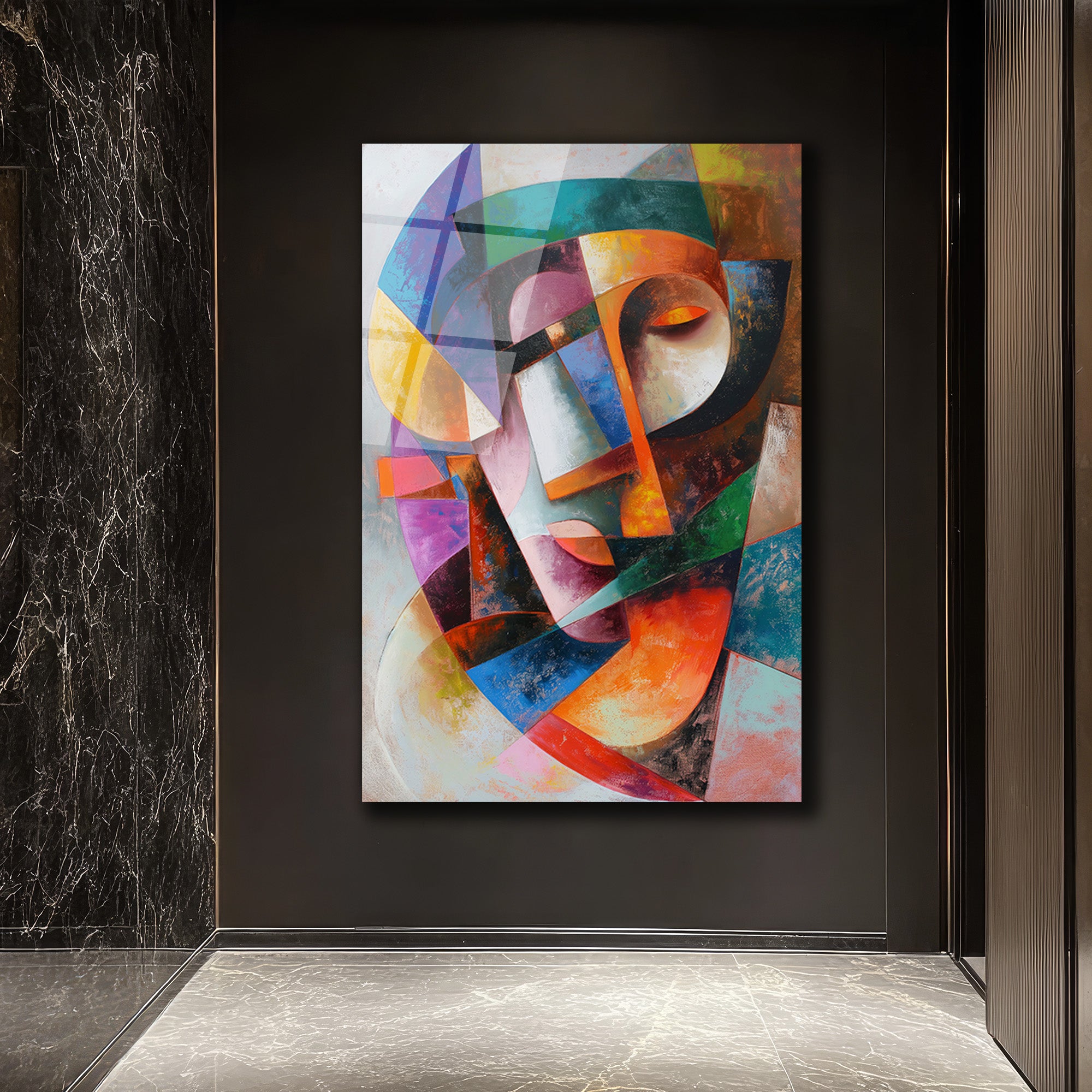 Dinamik Kübist Yüz Soyut Sanat Cam Tablo - Modern Duvar Dekoru