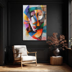 Dinamik Kübist Yüz Soyut Sanat Cam Tablo - Modern Duvar Dekoru