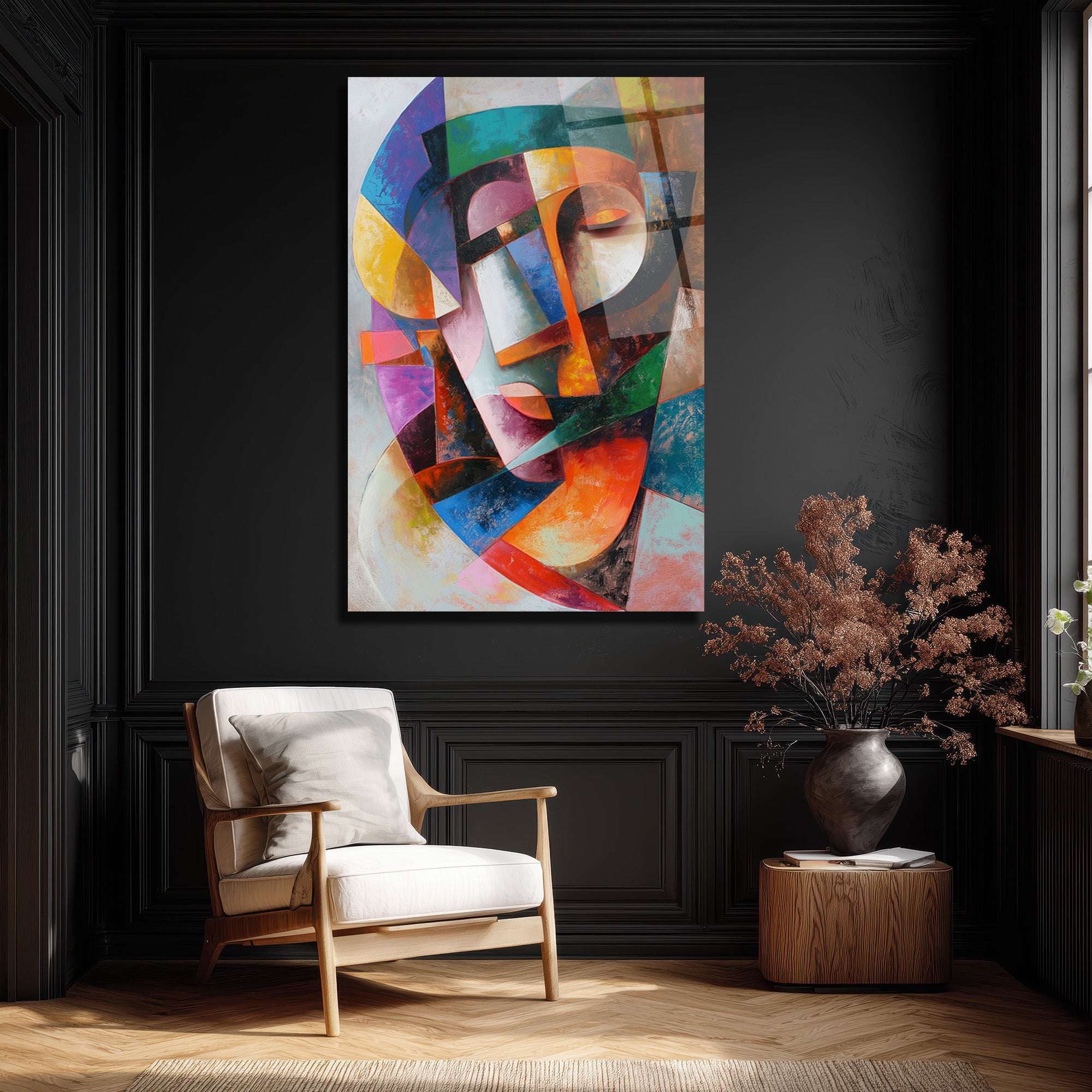 Dinamik Kübist Yüz Soyut Sanat Cam Tablo - Modern Duvar Dekoru