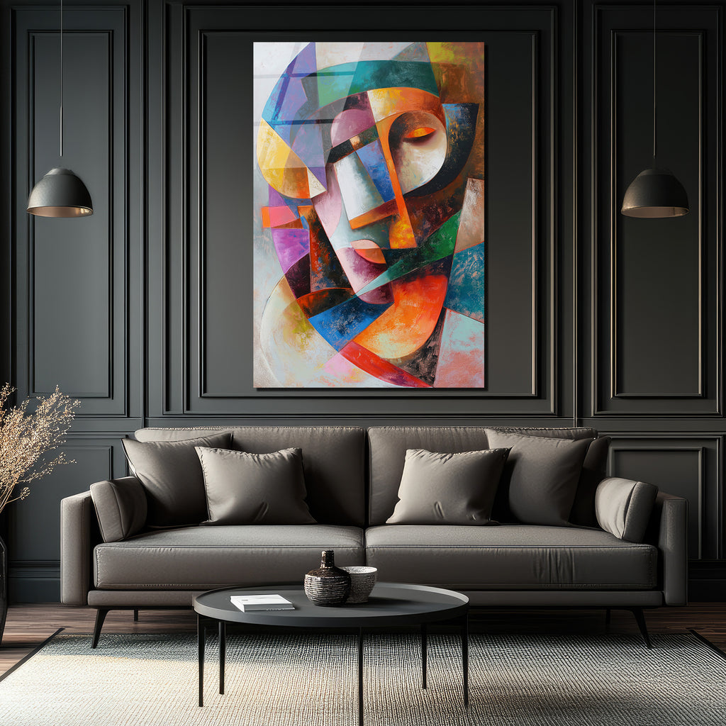 Dinamik Kübist Yüz Soyut Sanat Cam Tablo - Modern Duvar Dekoru
