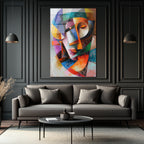 Dinamik Kübist Yüz Soyut Sanat Cam Tablo - Modern Duvar Dekoru