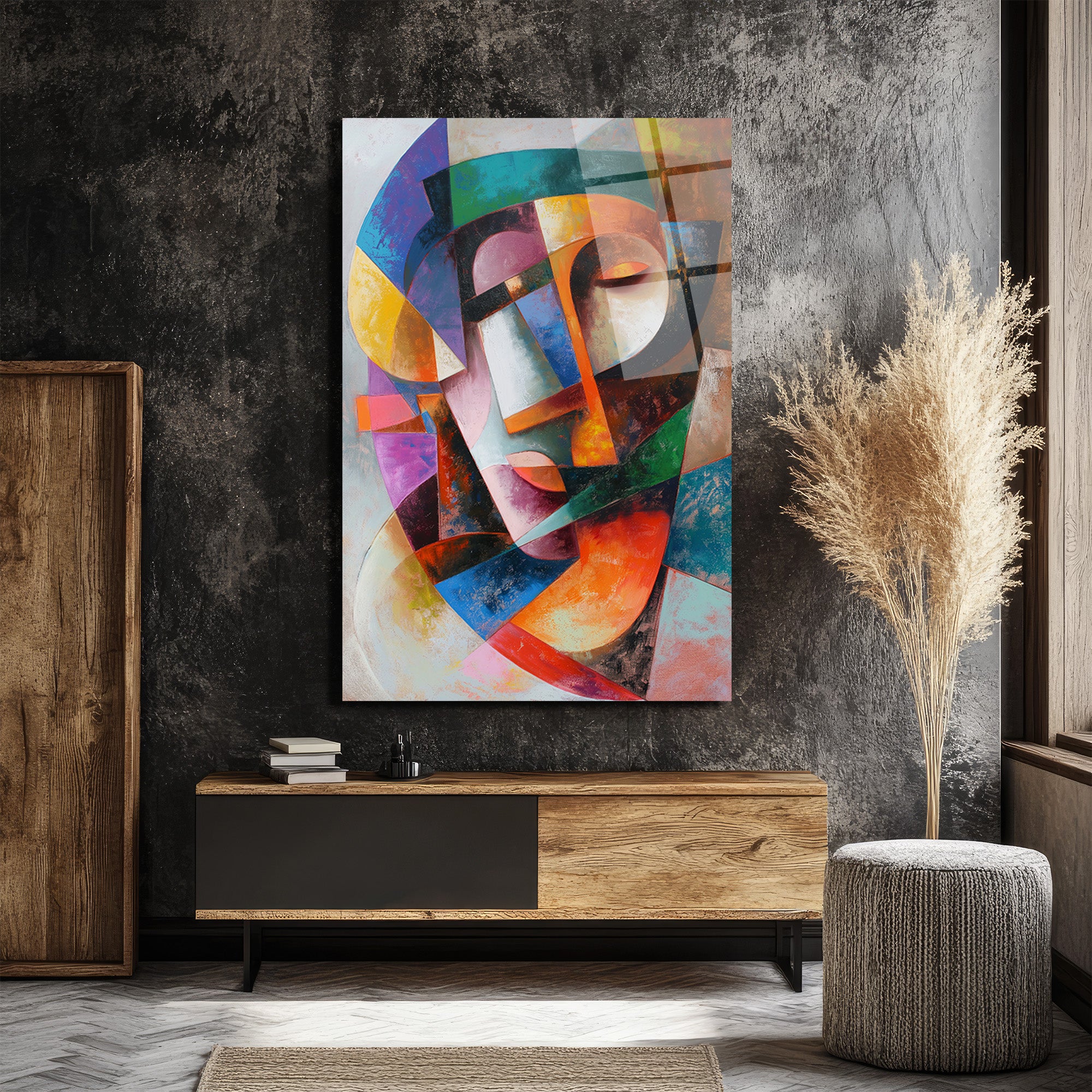 Dinamik Kübist Yüz Soyut Sanat Cam Tablo - Modern Duvar Dekoru