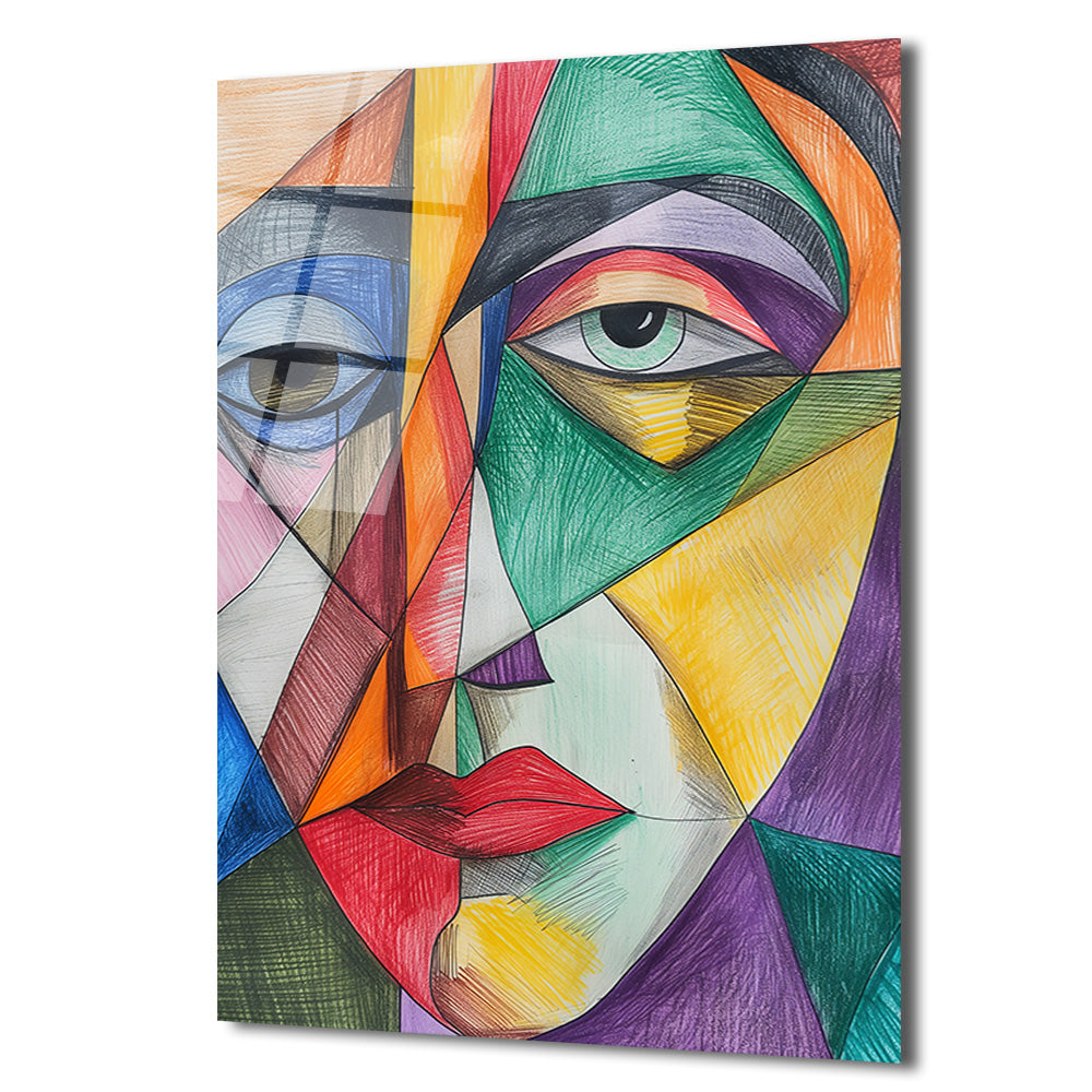Soyut Kübik Yüz Cam Tablo - Canlı Renklerle Modern Sanat