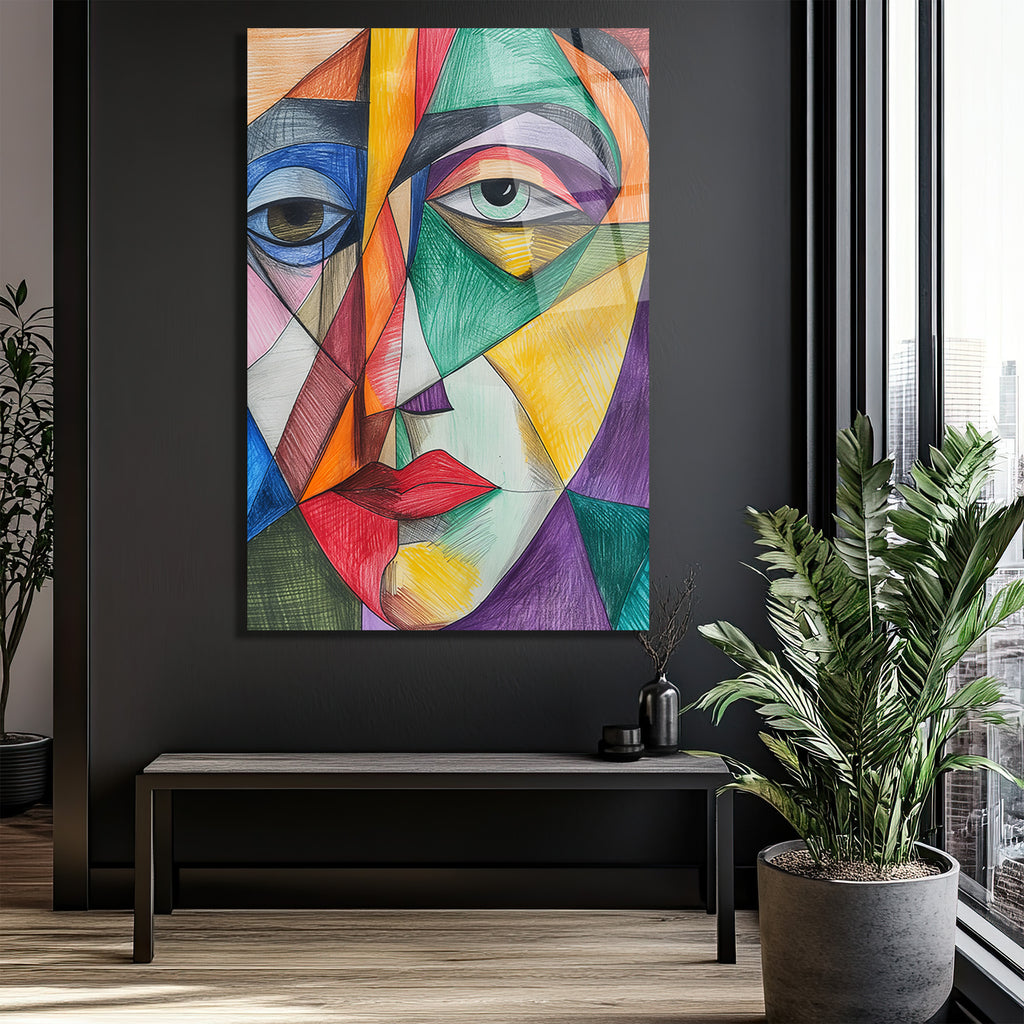 Soyut Kübik Yüz Cam Tablo - Canlı Renklerle Modern Sanat