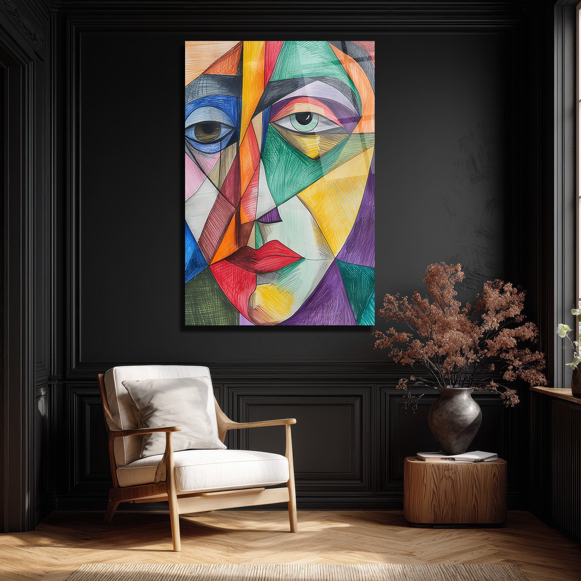 Soyut Kübik Yüz Cam Tablo - Canlı Renklerle Modern Sanat