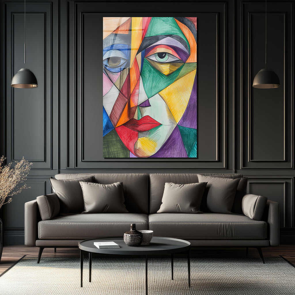 Soyut Kübik Yüz Cam Tablo - Canlı Renklerle Modern Sanat