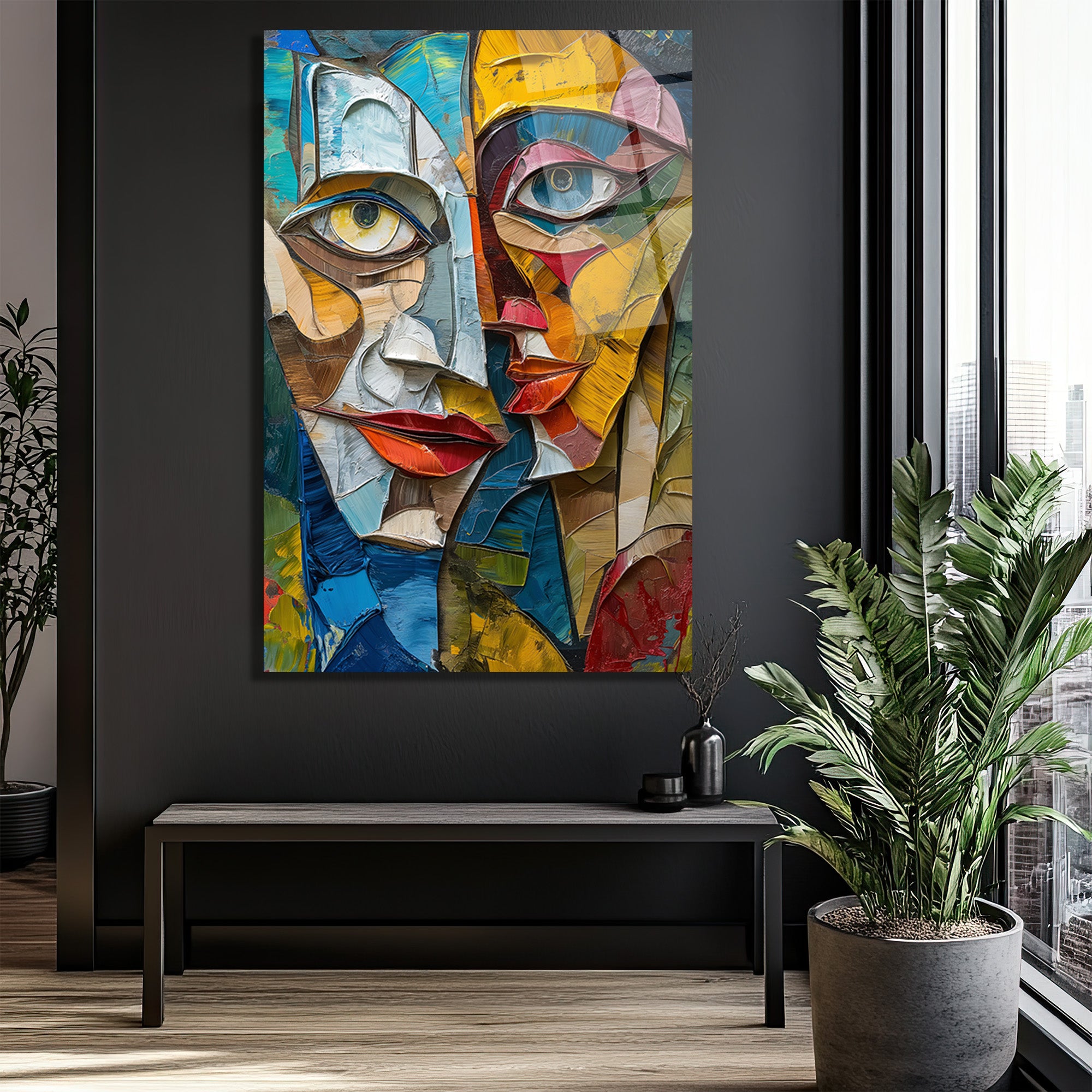 Soyut Yüzler Kübist Modern Cam Tablo - Glazella Sanat Koleksiyonu