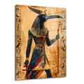 Antik Mısır tanrısı Thoth'un ibis başlı figürünün koyu renkler ve altın detaylarla modern bir yorumunu gösteren cam tablo. Figür ankh ve asa tutuyor, arka planda hiyeroglifler var.
