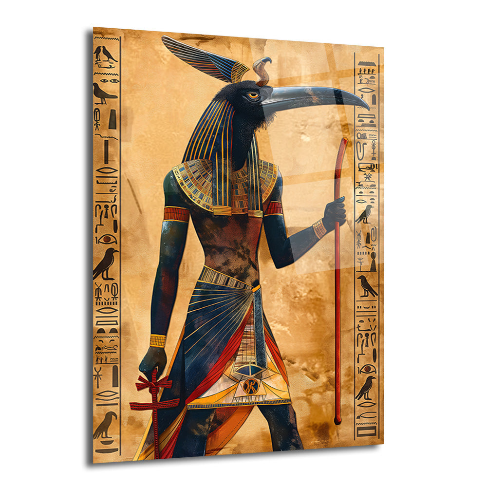 Antik Mısır tanrısı Thoth'un ibis başlı figürünün koyu renkler ve altın detaylarla modern bir yorumunu gösteren cam tablo. Figür ankh ve asa tutuyor, arka planda hiyeroglifler var.