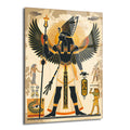 Kanatları açık, başında güneş diski ve uraeus bulunan, elinde asa ve ankh tutan, siyah tenli ve altın sarısı aksesuarlı, Antik Mısır mitolojisinden bir tanrıyı (Horus/Ra) tasvir eden figürün yer aldığı cam tablo. Arka planda hiyeroglifler, kuşlar ve küçük insan figürleri bulunmakta, genel renkler bej, siyah ve altın sarısıdır.