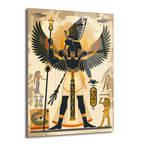 Kanatları açık, başında güneş diski ve uraeus bulunan, elinde asa ve ankh tutan, siyah tenli ve altın sarısı aksesuarlı, Antik Mısır mitolojisinden bir tanrıyı (Horus/Ra) tasvir eden figürün yer aldığı cam tablo. Arka planda hiyeroglifler, kuşlar ve küçük insan figürleri bulunmakta, genel renkler bej, siyah ve altın sarısıdır.